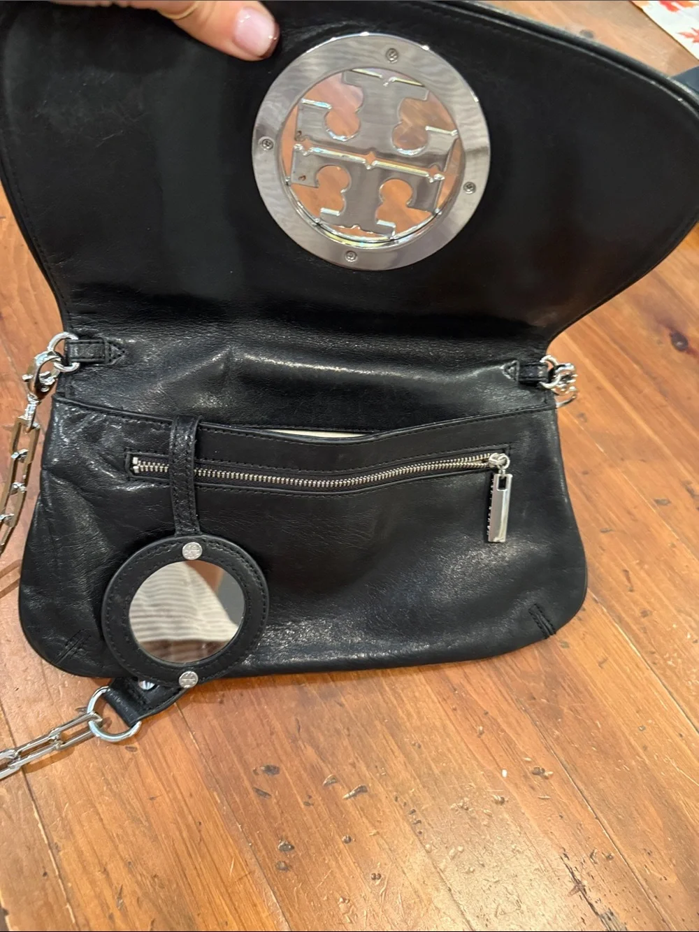 Tory Burch Black Leather Clutch with Silver Logo Accent
